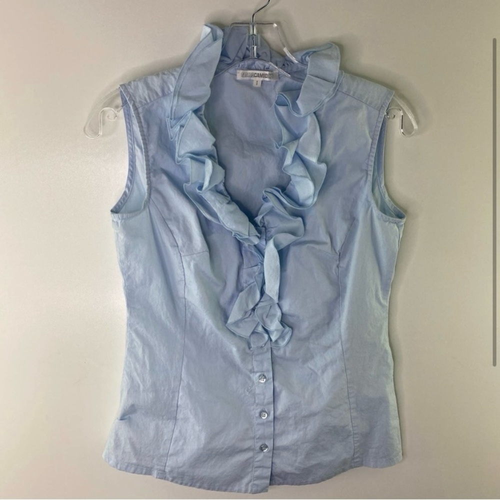 Naracamicie Womens Sleeveless Top Size 4 Light Blue Ruffle Neck Button Up Blouse